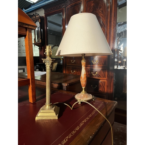 884 - Two vintage table lamps - onyx & brass with cloth shade and brass Corinthian column {53 cm  H x 34 c... 