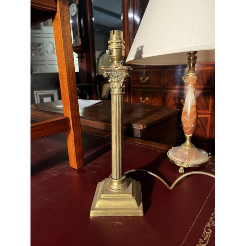 884 - Two vintage table lamps - onyx & brass with cloth shade and brass Corinthian column {53 cm  H x 34 c... 