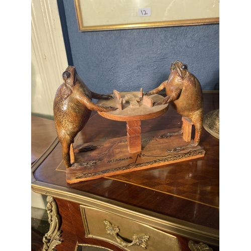 9 - Unusual model of taxidermy Toads playing dominos {16cm  H  x 23cm W x 10cm D}.