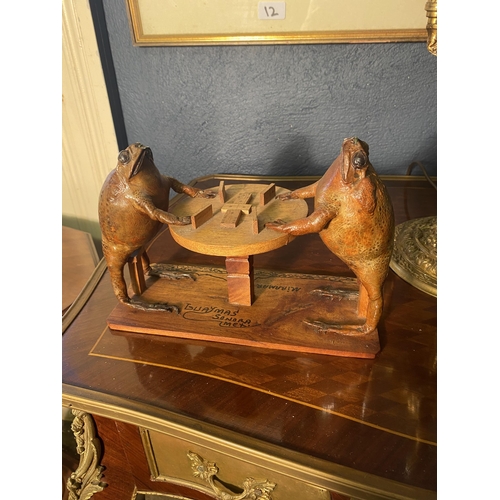 9 - Unusual model of taxidermy Toads playing dominos {16cm  H  x 23cm W x 10cm D}.