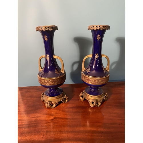 94 - Pair of good quality French Pinon Heuze ceramic and bronze urns signed {50cm  H  x 20cm Dia.}.