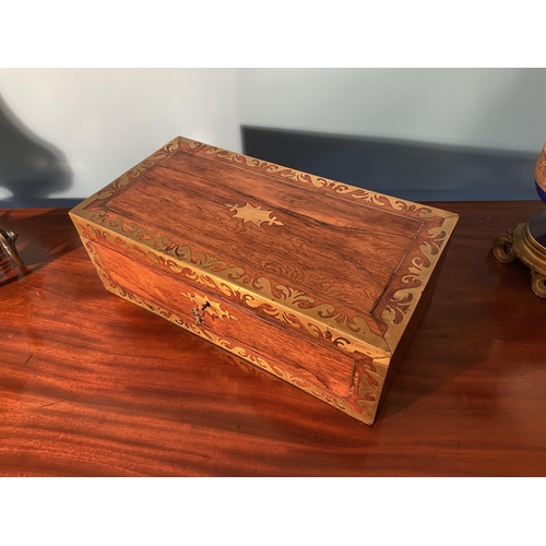 96 - 19th C. rosewood and brass inlaid writing box with fitted interior {17cm  H  x 51cm W x 26cm D}.