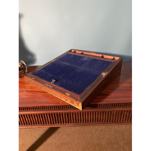 96 - 19th C. rosewood and brass inlaid writing box with fitted interior {17cm  H  x 51cm W x 26cm D}.