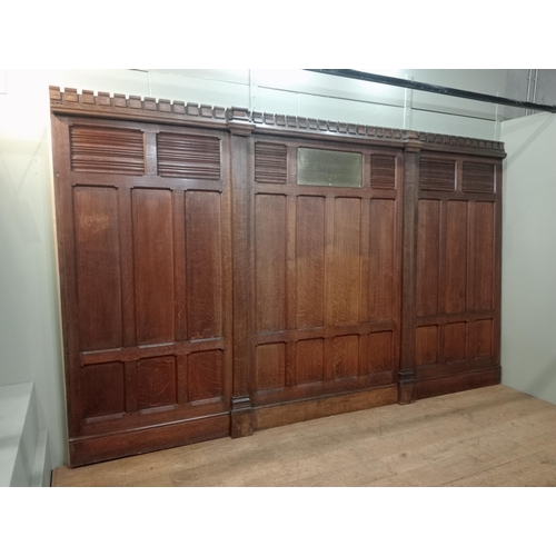 889 - Collection of solid oak panelling with linen fold design centre brass plate {H 218cm x W 354cm x D 1... 