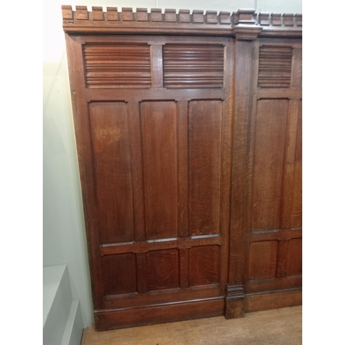 889 - Collection of solid oak panelling with linen fold design centre brass plate {H 218cm x W 354cm x D 1... 