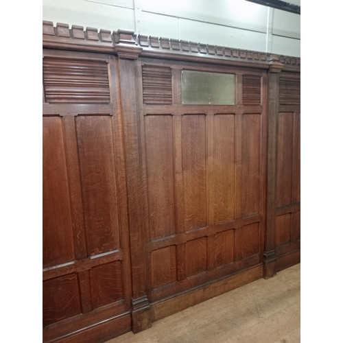 889 - Collection of solid oak panelling with linen fold design centre brass plate {H 218cm x W 354cm x D 1... 