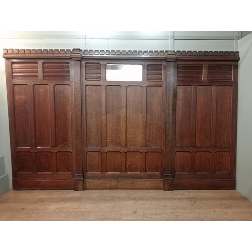 889 - Collection of solid oak panelling with linen fold design centre brass plate {H 218cm x W 354cm x D 1... 