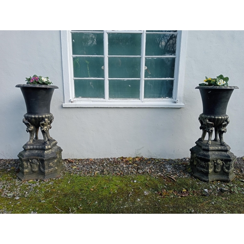 895 - Pair of cast iron planters - urns {H 110cm x W 46cm x D 46cm }.