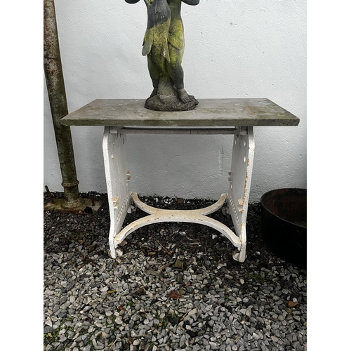 906 - 19th C. cast iron garden table with slate top {75 cm H x 100 cm W x 50 cm D}.