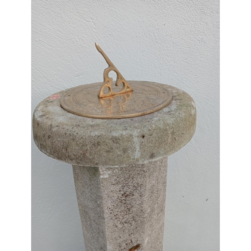 917 - Tall octagon sandstone sundial with brass sundial plaque {H 130cm x Dia 27cm }.