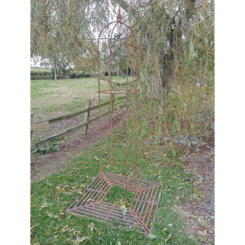 925 - Pair of wrought iron obelisks with cast iron tree surrounds with sphere finials {Obelisks H 230cm x ... 