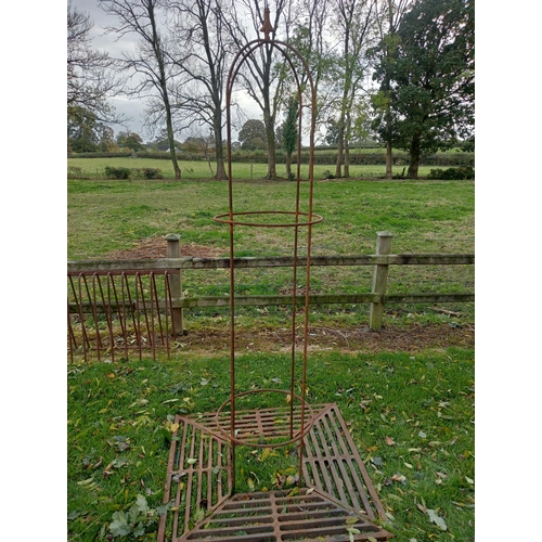 925 - Pair of wrought iron obelisks with cast iron tree surrounds with sphere finials {Obelisks H 230cm x ... 