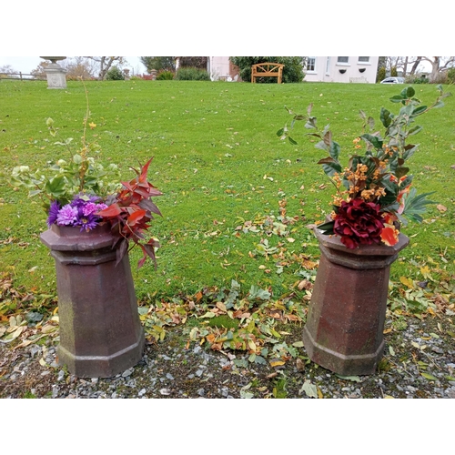 931 - Pair of terracotta glazed chimney pot - planters {H 62cm x 34 x 34cm }.