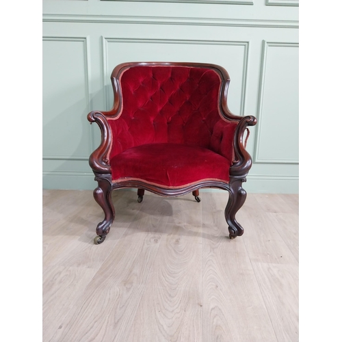 38 - Good quality Victorian mahogany and upholstered gentleman armchair raised on cabriole legs and brass... 