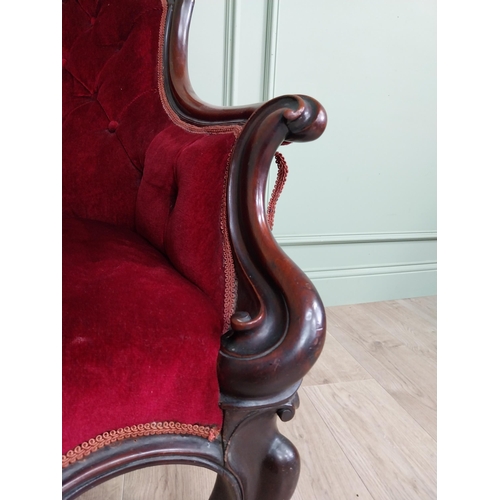 38 - Good quality Victorian mahogany and upholstered gentleman armchair raised on cabriole legs and brass... 