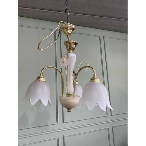 72 - Pair of brass and frosted glass three branch chandeliers {56 cm H x 43 cm Dia.}.