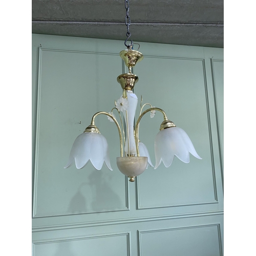 72 - Pair of brass and frosted glass three branch chandeliers {56 cm H x 43 cm Dia.}.