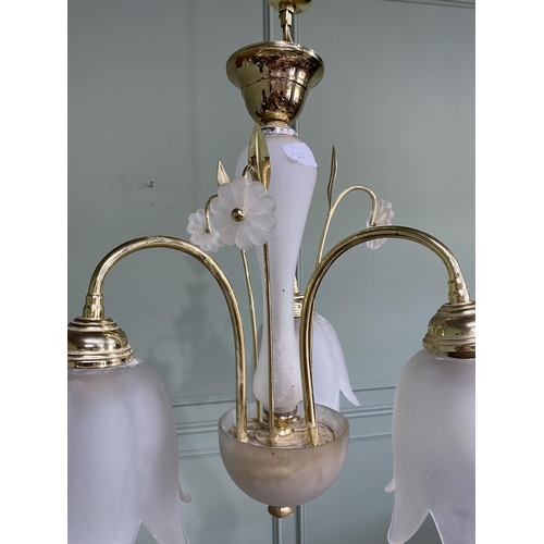 72 - Pair of brass and frosted glass three branch chandeliers {56 cm H x 43 cm Dia.}.