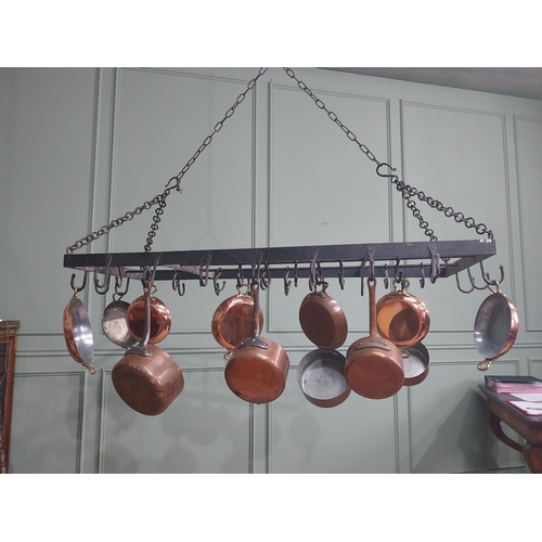 100 - Good quality French wrought iron hanging pot rack. {60 cm H x 130 cm W x 62 cm D}.