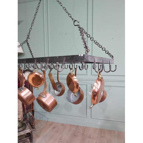 100 - Good quality French wrought iron hanging pot rack. {60 cm H x 130 cm W x 62 cm D}.