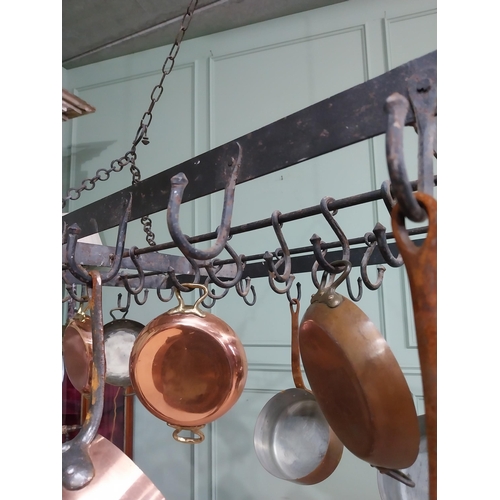 100 - Good quality French wrought iron hanging pot rack. {60 cm H x 130 cm W x 62 cm D}.