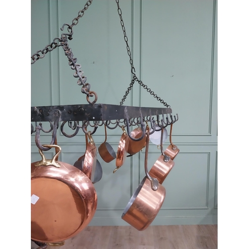 100 - Good quality French wrought iron hanging pot rack. {60 cm H x 130 cm W x 62 cm D}.