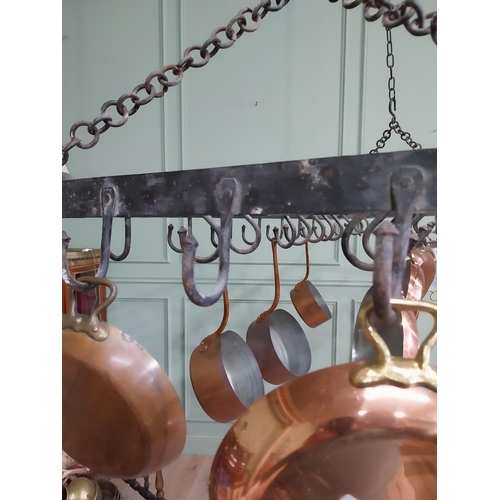 100 - Good quality French wrought iron hanging pot rack. {60 cm H x 130 cm W x 62 cm D}.