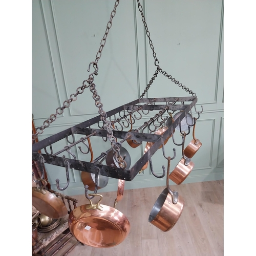 100 - Good quality French wrought iron hanging pot rack. {60 cm H x 130 cm W x 62 cm D}.