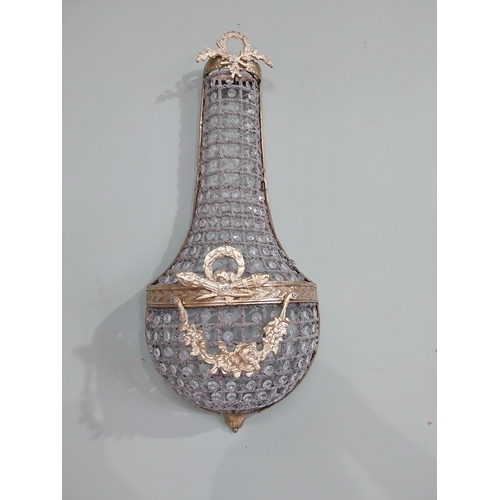 104 - Pair of French brass and crystal glass pear drop wall lights. {68 cm H x 28 cm W x 18 cm D}.