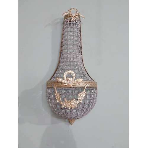 104 - Pair of French brass and crystal glass pear drop wall lights. {68 cm H x 28 cm W x 18 cm D}.