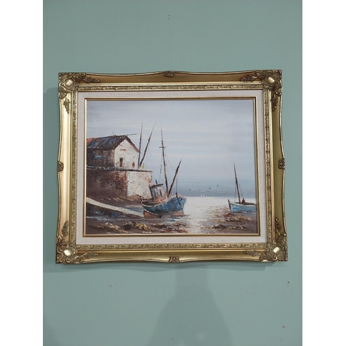 108 - Oil on canvas Harbour Scene mounted in gilt frame. {54 cm H x 64 cm W}.