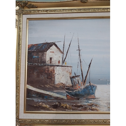 108 - Oil on canvas Harbour Scene mounted in gilt frame. {54 cm H x 64 cm W}.