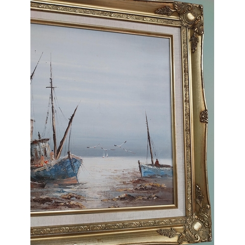 108 - Oil on canvas Harbour Scene mounted in gilt frame. {54 cm H x 64 cm W}.