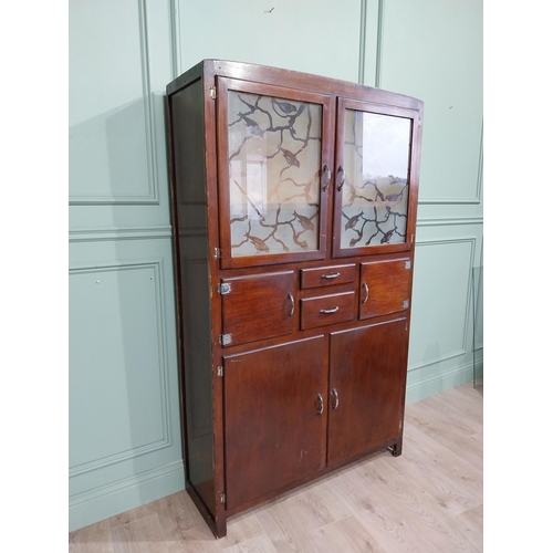 110 - 1950's oak veneer kitchen cabinet with two doors over four short drawers with two glazed doors 176cm... 