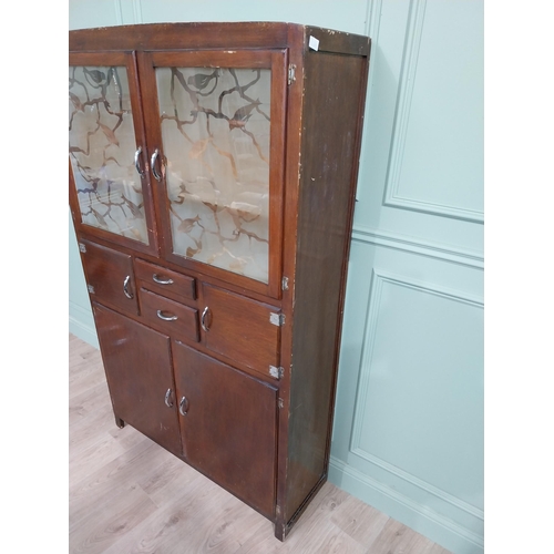 110 - 1950's oak veneer kitchen cabinet with two doors over four short drawers with two glazed doors 176cm... 