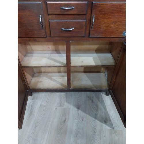 110 - 1950's oak veneer kitchen cabinet with two doors over four short drawers with two glazed doors 176cm... 