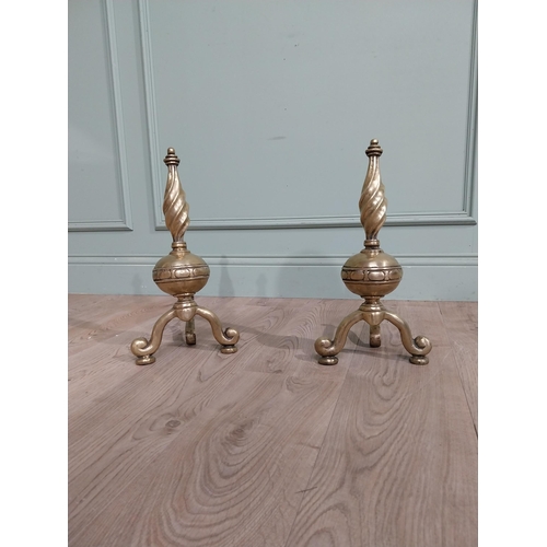 113 - Pair of 19th C. Brass fire dogs. {42 cm H x 21 cm W x 22 cm D}.