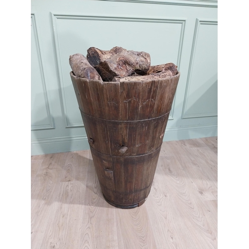 118 - 19th C. pine country house log/peat bucket with metal bound twist bands. {78 cm H x 53 cm Dia.}.