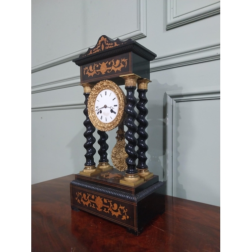 127 - 19th C. French rosewood and satinwood inlaid mantle clock supported by four barley twist columns. {4... 