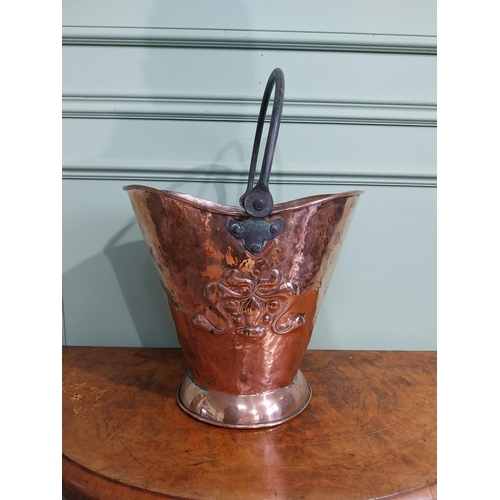 140 - Art Nouveau copper and metal  coal bucket with embossed floral detail. {50 cm  x 36 cm W x 32 cm D}.