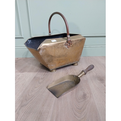 141 - 19th C. brass and copper coal scuttle with shovel. {44 cm H x 33 cm W x 40 cm D}.