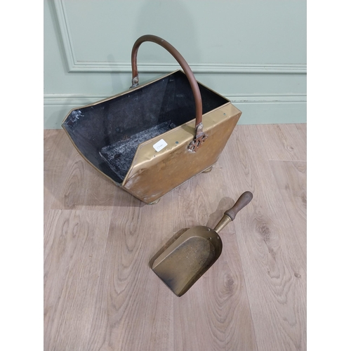 141 - 19th C. brass and copper coal scuttle with shovel. {44 cm H x 33 cm W x 40 cm D}.