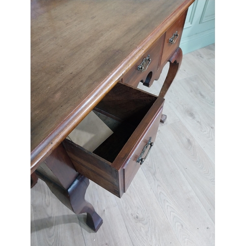 147 - Edwardian walnut lowboy side table with three short drawers in frieze raised on cabriole legs. {79 c... 