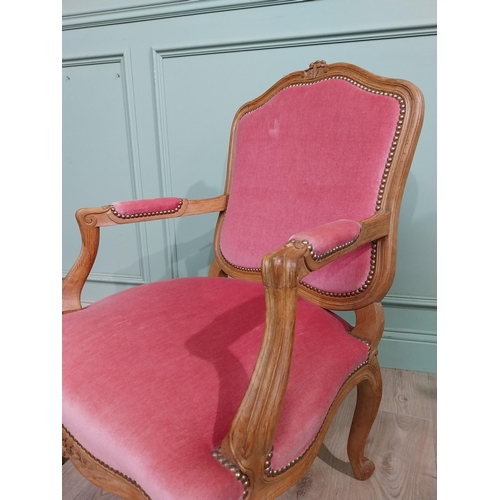 153 - Early 20th C. Pair of carved walnut and upholstered armchairs raised on cabriole legs. {85 cm H x 62... 