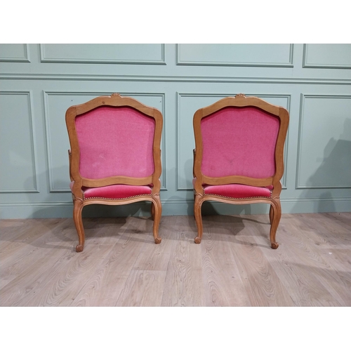 153 - Early 20th C. Pair of carved walnut and upholstered armchairs raised on cabriole legs. {85 cm H x 62... 