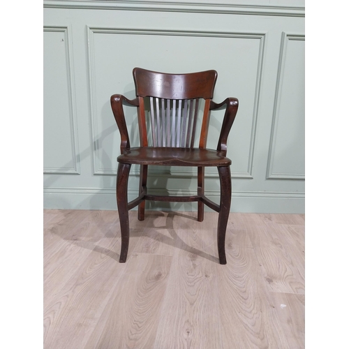 157 - Early 20th C. Mahogany office chair with slatted back, shaped arms on shaped legs. {84 cm H x 57 cm ... 