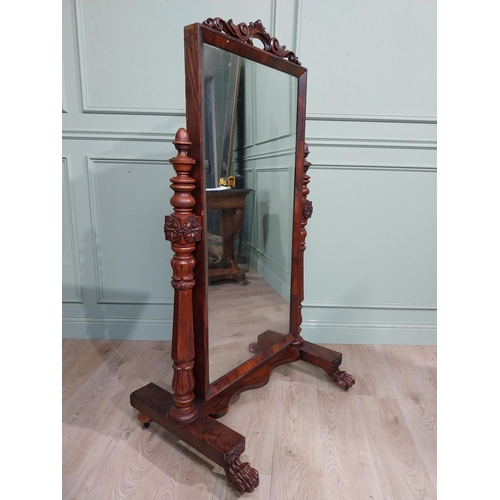 164 - William IV Mahogany cheval mirror with turned pillars and carved top. {155 cm H x 88 cm W x 58 cm D}... 