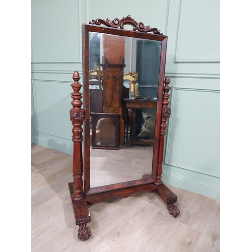 164 - William IV Mahogany cheval mirror with turned pillars and carved top. {155 cm H x 88 cm W x 58 cm D}... 