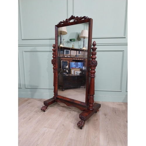 164 - William IV Mahogany cheval mirror with turned pillars and carved top. {155 cm H x 88 cm W x 58 cm D}... 