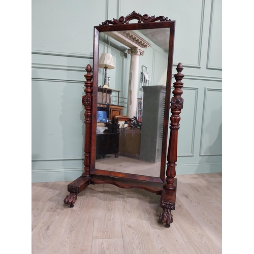 164 - William IV Mahogany cheval mirror with turned pillars and carved top. {155 cm H x 88 cm W x 58 cm D}... 